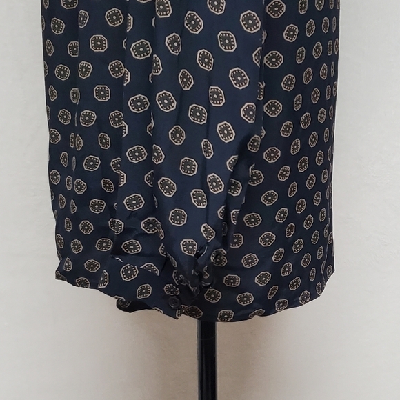 Vintage Evan Picone Dark Blue Gold Print Pleated Wide Shoulder Button Up Blouse - Picture 9 of 13